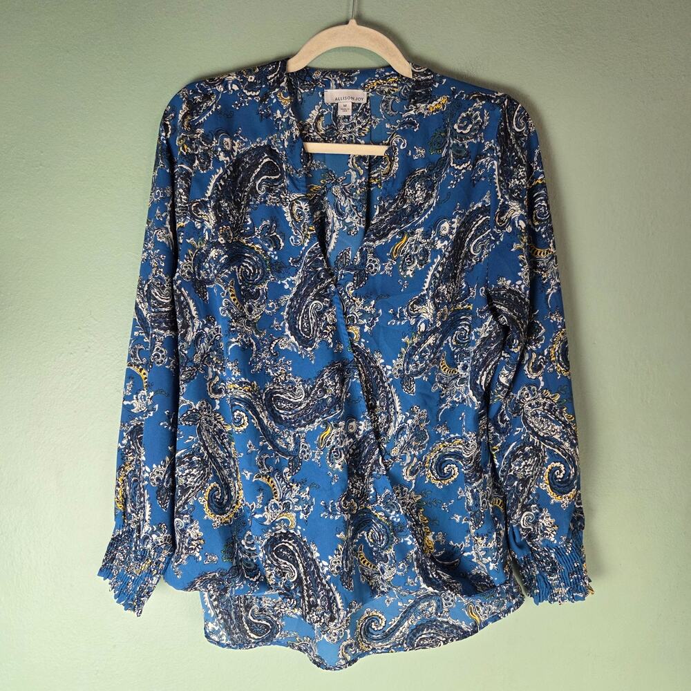 Allison Joy Evereve Women Large Blue Paisley V-Neck Long Sleeve Surplice Blouse